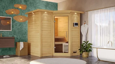 Produktbild von Karibu Sauna Innensauna Sahib 1 Eckeinstieg Ofen 9 kW integr. Strg  221x198x214 cm mit Dachkranz  mit Klarglastür