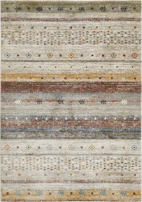 Maschinenwebteppich in der Größe 200 x 290 cm, Beige-Rot-Blau, ausgelegt auf hellem Untergrund.