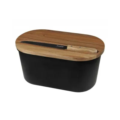 Zdjęcie produktu dla Husla Chlebak BREAD BIN czarny z deską do krojenia i nożem 37,5 cm