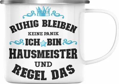Produktbild von Trendation - Hausmeister Emaille Tasse Lustiges Geschenke Lustig Spruch Haustechniker Geschenkidee Sprüche Keine Panik (Silber)