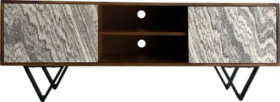 Lowboard Sheesham 150cm TV-Kommode mit Steinoptik-Fronten, zentralem Fach und schwarzen Metallbeinen in Gesamtansicht.
