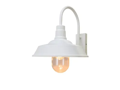 A white outdoor wall lamp with a clear glass bulb cover.