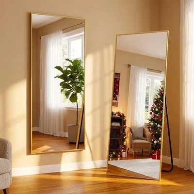 Immagine prodotto di Specchio a pavimento, dimensioni 65 x 24 pollici (circa 165 x 61 cm) – Vetro temperato ShatterVue – Cornice in alluminio – A figura intera – Autoportante o da montare a parete – Specchio dorato ideale per soggiorno, camera da letto o ingresso