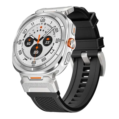 Produktbild von FFO2World Silikonarmband für Samsung Galaxy Watch Ultra 47 mm – Robustes Smartwatch-Armband mit silbernem Adapter – Ultra 2025 – Schwarz/Titanium
