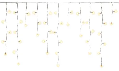 A string of icicle lights hanging against a white background.