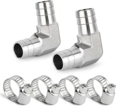 Image de Coude en acier inoxydable pour tuyau - Coude à 90° pour carburant, air et gaz - Lot de 2 raccords avec 4 colliers de serrage