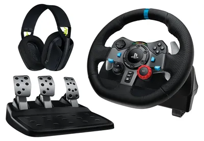 Produktbild von Logitech G 991-000539, Lenkrad + Pedale + Headset, PC, PlayStation 4, PlayStation 5, Playstation 3, 900°, Kabelgebunden, USB, Aluminium, Schwarz