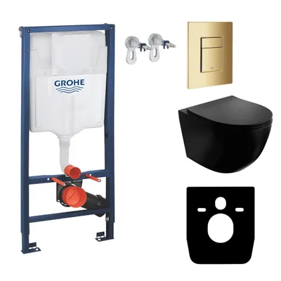 Produktbild von GROHE Vorwandelement Solido + Wand Hänge WC Sinto Schwarz Spülrandlos + WC-Sitz SoftClose | Goldener Knopf | Komplettset | Unterputz Spülkasten |  Toilette Komplett Sett