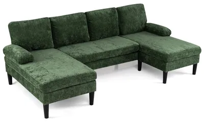Produktbild von COSTWAY Ecksofa mit Schlaffunktion, U-förmige Couch für 5-6 Sitzer, Sofa aus Cordstoff, Schlafcouch mit Armlehnen, Wohnlandschaft, Schlafsofa, Grün