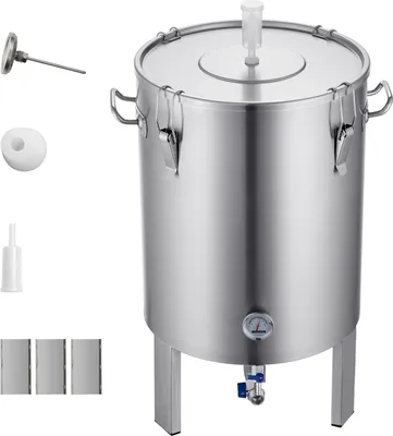 Image de SucceBuy Chaudière en acier inoxydable 304, cuve de fermentation de bière de 16 gallons, kit de brassage à domicile avec socle, couvercle, poignée, soupape, robinet de soutirage, thermomètre pour le brassage
