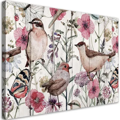 Produktbild von Leinwandbild Vögel und Schmetterlinge auf einer Wiese 100x70 Feeby Rosa bild für die wand bereit zum aufhängen