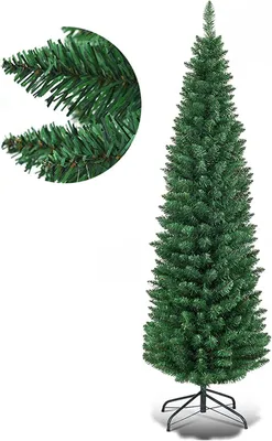 A full shot of a green artificial Christmas tree with a close-up inset of its needles.