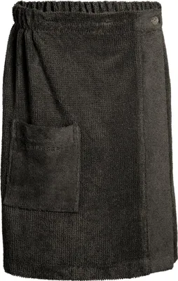 A dark gray terry cloth sauna kilt with a pocket on the front.