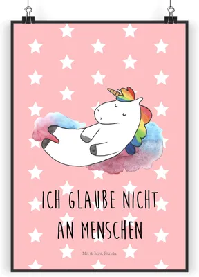 Produktbild von Mr. & Mrs. Panda Bild Einhorn Wolke 7 DIN A5 - Rot Pastell - Geschenk, Lächeln, typografie poster, wanddeko, Kunstdruck, Menschen, Wanddekoration, Verliebt, Lustig
