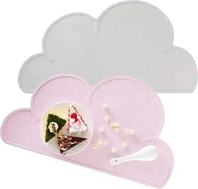 Produktbild von Tischset Kinder Platzset Abwaschbare Silikonmatten 2 Stück Tischset platzdeckchen Wolke Form Abwaschbar rutschfeste Silikon Tragbar Wasserdichtes Kinder Platzset Teller Set, Grau und Rosa