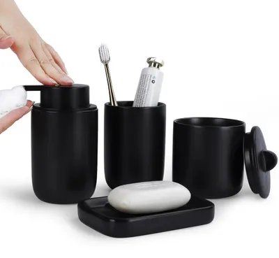 Productafbeelding van Badkameraccessoireset, keramiek, 4-delig, zwart: zeepdispenser, beker, wattestaafjeshouder, zeepbakje