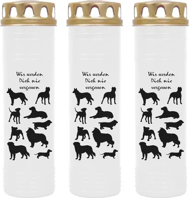 Produktbild von Grabkerze Weiß 3er Pack, Brenndauer: 170 Stunden ( je Kerze ), Motiv: Hunde