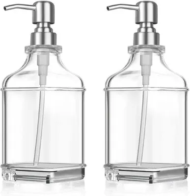 Immagine prodotto di Set di dispenser per sapone in vetro Unyqoos®, ricaricabile, con erogatore in acciaio inossidabile, ideale per cucina e bagno, trasparente