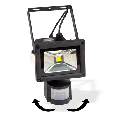 A black solar LED spotlight with a motion sensor attached to the bottom, shown against a white background.