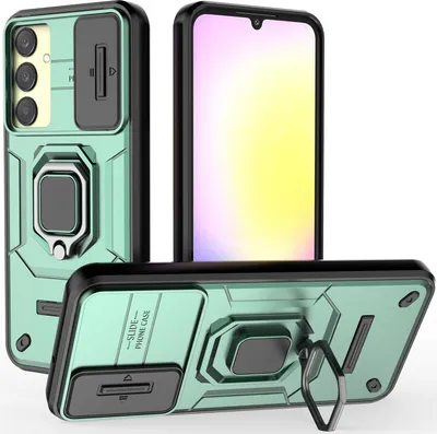 Produktbild von Hülle für Samsung Galaxy A25 Dual Layer Handyhülle Schiebe Kamera Schutz und Ringhalter Ständer Grün