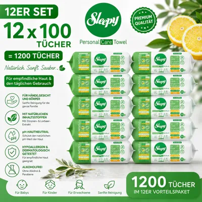 Produktbild von Sleepy Easy Clean Sensitive Feuchttücher Zitrone - Lorbeer 12x100 Tücher – für Babys, Kinder & Erwachsene – alkoholfrei, pH-hautneutral, hypoallergen, sanfte Reinigung für Hände, Gesicht & Körper