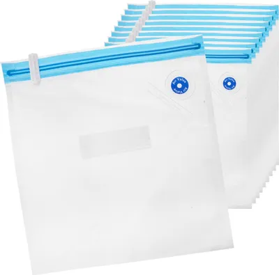 A stack of vacuum seal bags with blue zippers and air valves.