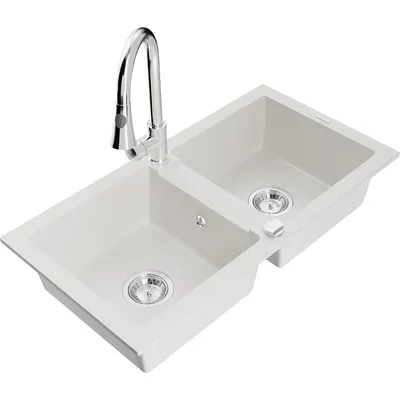 Zdjęcie produktu dla Mexen Mario zlewozmywak granitowy 2-komorowy z baterią kuchenną Elia, biały - 6504-20-670101-00