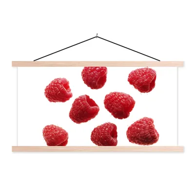 Produktbild von MuchoWow® Textilposter Obst - Himbeere - Weiß 60x30 cm mit holzfarbenen Rahmen - Dekoration