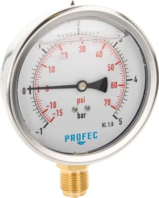 Produktbild von Profec Vakuummeter -1 bis -5 bar, Glyzeringefüllt, Ø 100 mm, 1/2 Zoll Anschluss nach unten Radial