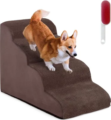 Produktbild von GOPLUS Haustiertreppe aus Schwamm, Hundetreppe mit Waschbar Bezug, rutschfeste Hunderampe für kleine Hunde und Katzen zum Klettern auf Hochbetten und Sofas, bis zu 30 kg belastbar (4-Stufen Braun)