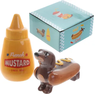 Produktbild von Salz- & Pfefferstreuer Hot Dog Puckator Set Dackel in Brötchen mit Senf Keramik