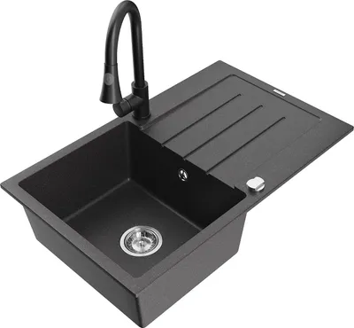 Produktbild von Mexen Bruno 1 Becken-Granitspüle mit Abtropffläche und Mischbatterie Elia, Schwarz gesprenkelt - 6513-76-670101-70