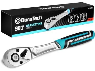 Productafbeelding van DURATECH ratel met 3/8" vierkante aandrijving, 90 tanden, ratelhandvat met snelspanner, chroom-vanadiumstaal, 4° bedieningshoek voor gebruik in krappe ruimtes