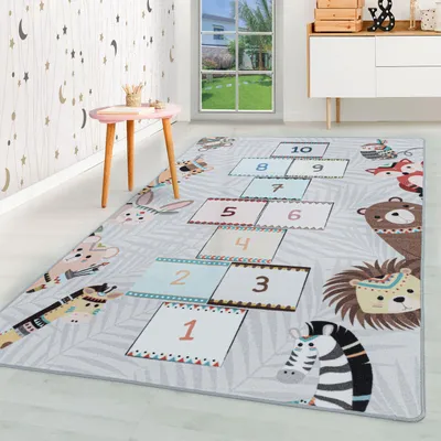 Produktbild von Homebyhome Kinderteppich Hüpfkästchen Design Jungen Teppich Mädchen, Spielteppich Kinderzimmer Teppich, Robust, Grösse: 100x150 cm