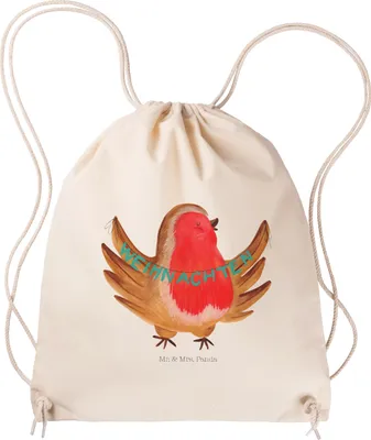 Produktbild von Mr. & Mrs. Panda Sportbeutel Rotkehlchen Weihnachten - Transparent - Geschenk, festival tasche, Vogel, wander rucksack, Frohe, Stoffbeutel, Beutel, gym, Jutebeutel