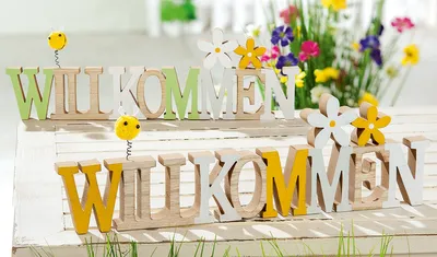 Image de Gilde Schriftzug, "Willkommen", Blumendesign, MDF, naturfarben, L. 2 cm, B. 40 cm, H. 12.5 cm 44194 4063387441947 2 Stück (2-fach sortiert)