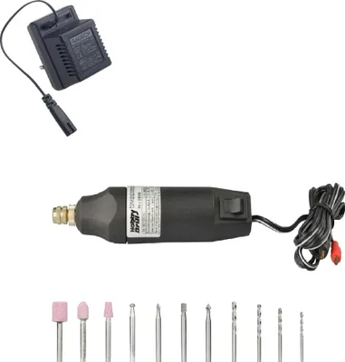 Produktbild von Pebaro Elektrischer-Bastel-Drill mit Steckernetzgerät und verschiedene Aufsätze im Karton zum Bohren, Fräsen, Gravieren, Verzieren, 0501EKR