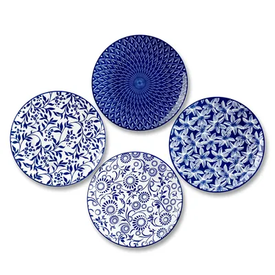 Produktbild von Vancasso Porzellan Tellerset, 4-tlg Dessertteller für 4, Salatteller, Kuchenteller, Frühstücksteller, Blau und Weiß