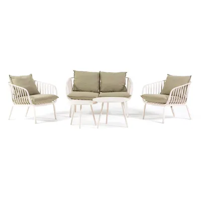 Image de Ensemble de jardin avec canapé 2 places, 2 fauteuils et 2 tables - structure en fibre de verre renforcée de résine avec pieds en acier, coussins amovibles de 10 cm - design moderne et confortable pour le jardin, la terrasse et la véranda - BELLAGIO - Crème