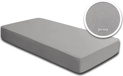 A grey fitted sheet on a white background.