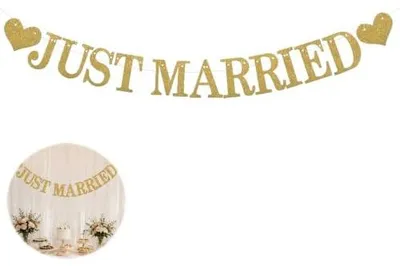 Zdjęcie produktu dla Baner just married złoty błyszczący dekoracja ślubna weselna 15 cm