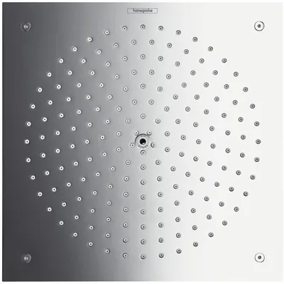 A square shower head with many small nozzles arranged in a circular pattern.