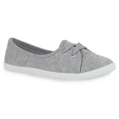 Produktbild von Mytrendshoe Sportliche Damen Ballerinas Stoff Slipper Sneaker Flats Schnürer 71109, Farbe: Grau, Größe: 37