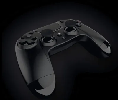 A black video game controller is shown against a black background.