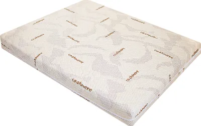 A mattress topper with a patterned cover.
