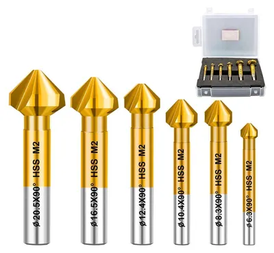 Produktbild von Kegelsenker Bohrer HSS Set 90° Titan 6 Stück 6,3-20,5mm für Edelstahl Kupfer Aluminium Holz Kunststoff