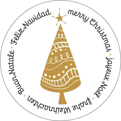 Produktbild von 200 Weihnachtssticker auf Rolle Frohe Weihnachten international Baum gold weiß Ø 5 cm