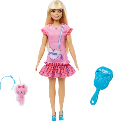 Produktbild von Barbie My First Barbie Malibu Puppe, Blond, Kunststoff/Stoff, beweglicher weicher Körper, leicht anzuziehen, inkl. Kätzchen-Accessoire, H342,8mm B108mm T47,7mm