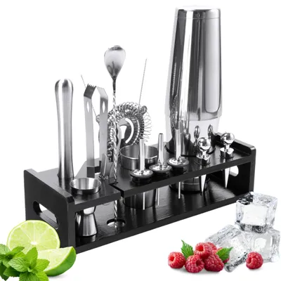 Produktbild von SEVICO Cocktail Shaker Edelstahl 17-teiliges Set Zubehör Barkeeper Kit mit Ständer  F218