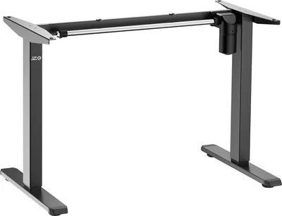 A black and gray adjustable desk frame on a white background.